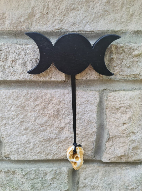 Hag Moon - Wooden Triple Moon with hanging Hag Stone