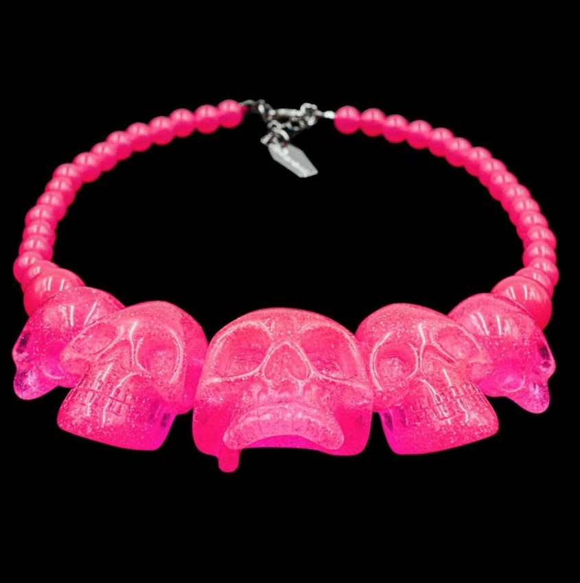 Pink Glitter Skull Necklace