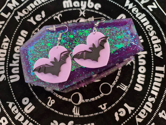 Purple Heart Bat Drop Earrings