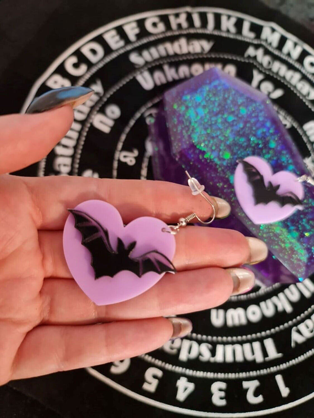 Purple Heart Bat Drop Earrings