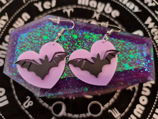 Purple Heart Bat Drop Earrings