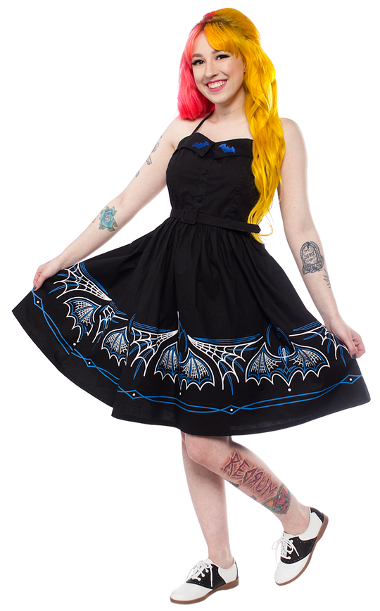 Blue Sourpuss Batty Pinstripe Spooksville Dress